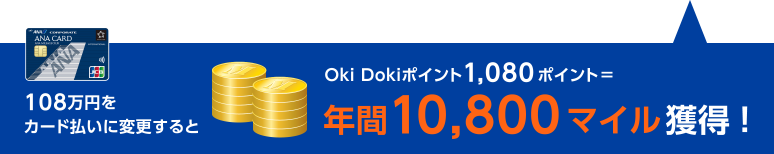 108万円をカード払いに変更するとOki Dokiポイント1,080ポイント＝年間10,800マイル獲得!