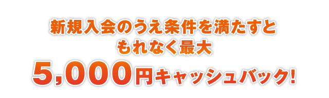 新規入会のうえ条件を満たすともれなく最大5,000円キャッシュバック!