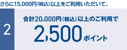 さらに15,000円（税込）以上をご利用いただいて、 [2] 合計20,000円（税込）以上のご利用で2,500ポイント