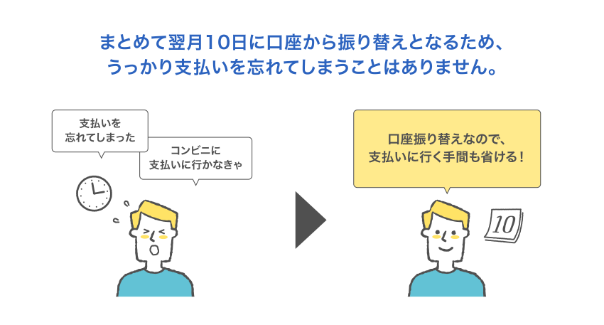 まとめて翌月10日に口座から振り替えとなるため、うっかり支払いを忘れてしまうことはありません。