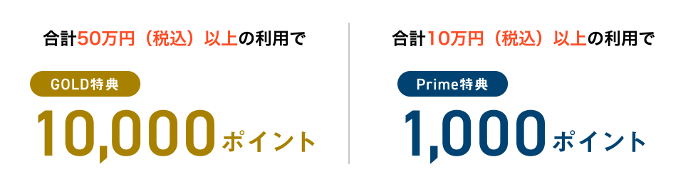 合計50万円（税込）以上の利用で [GOLD特典] 10,000ポイント | 合計10万円（税込）以上の利用で [Prime特典] 1,000ポイント