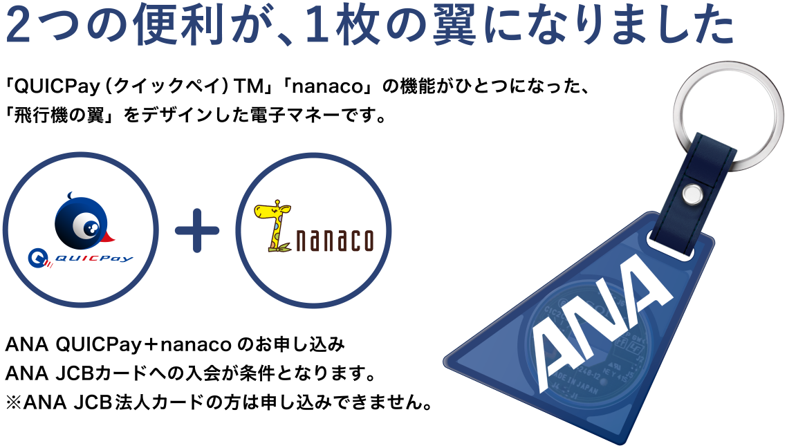 2つの便利が、1枚の翼になりました。「QUICPay(クイックペイ)TM」「nanaco」の機能がひとつになった、「飛行機の翼」をデザインした電子マネーです。